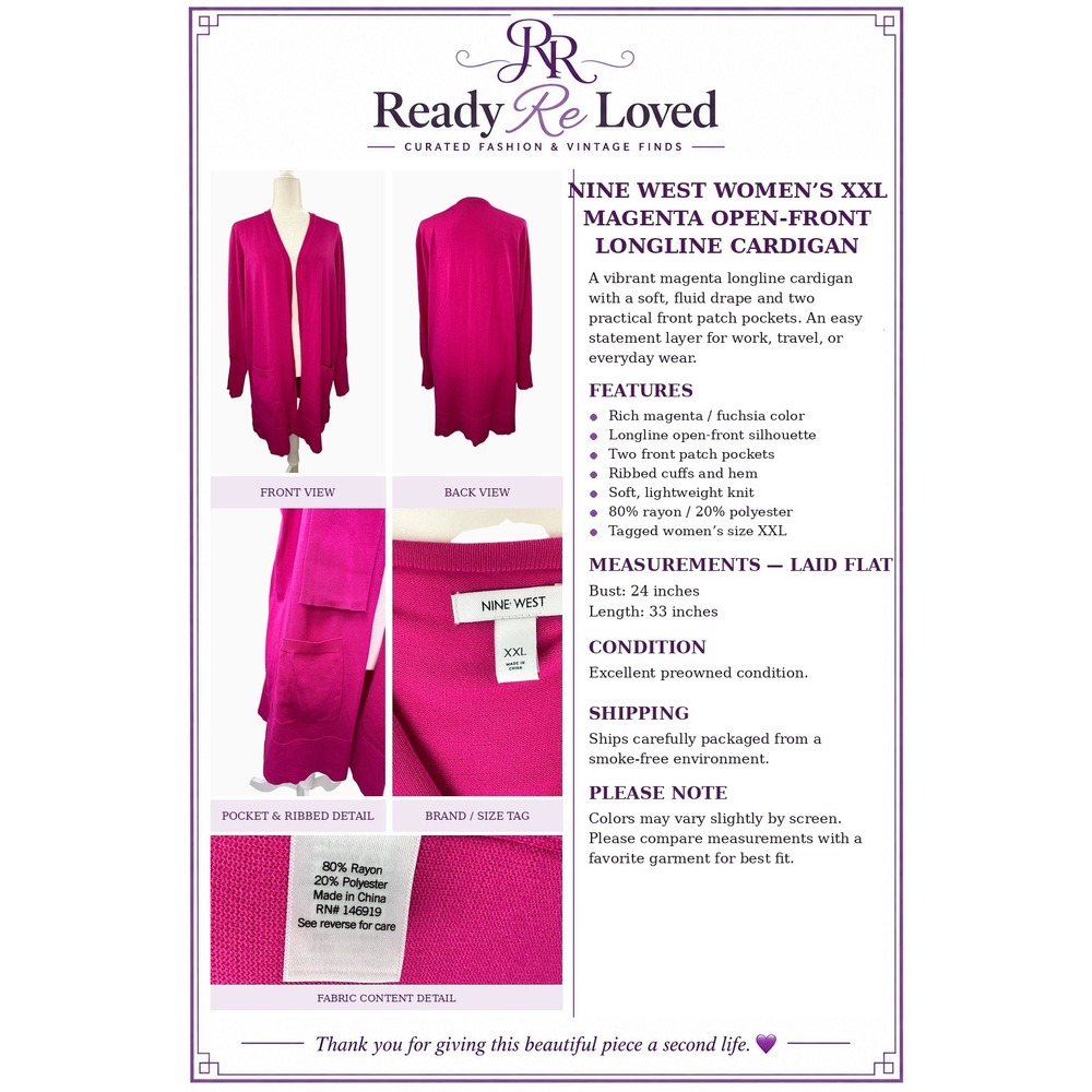 Nine West Womens XXL Magenta Pink Longline Open Front Cardigan Sweater 2 Pockets - Picture 11 of 11